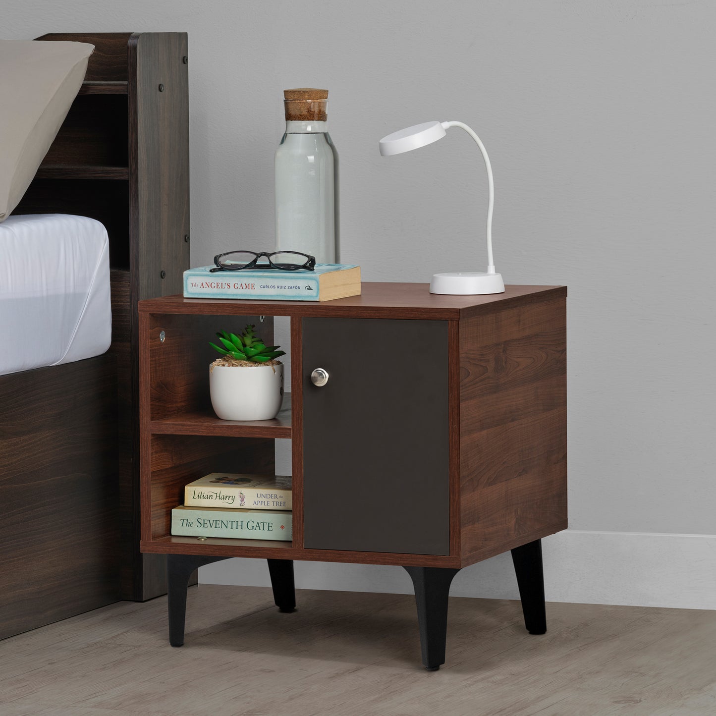 Bestie|Bedside|Table|2|Shelves|&|1|Door|Dark|Walnut|&|Slate|Grey|Finish