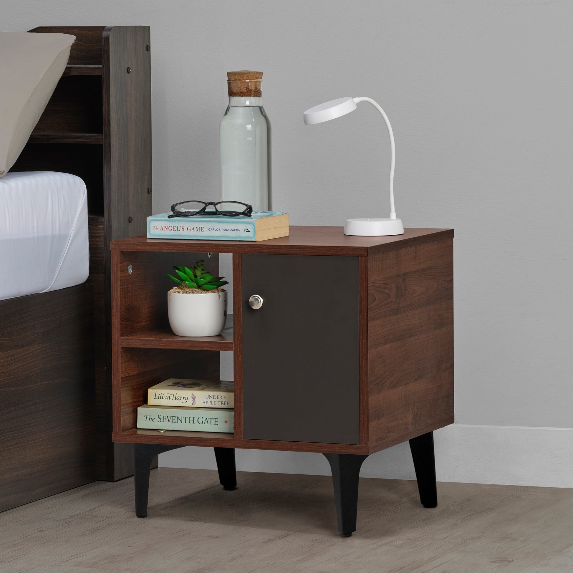 Bestie|Bedside|Table|2|Shelves|&|1|Door|Dark|Walnut|&|Slate|Grey|Finish