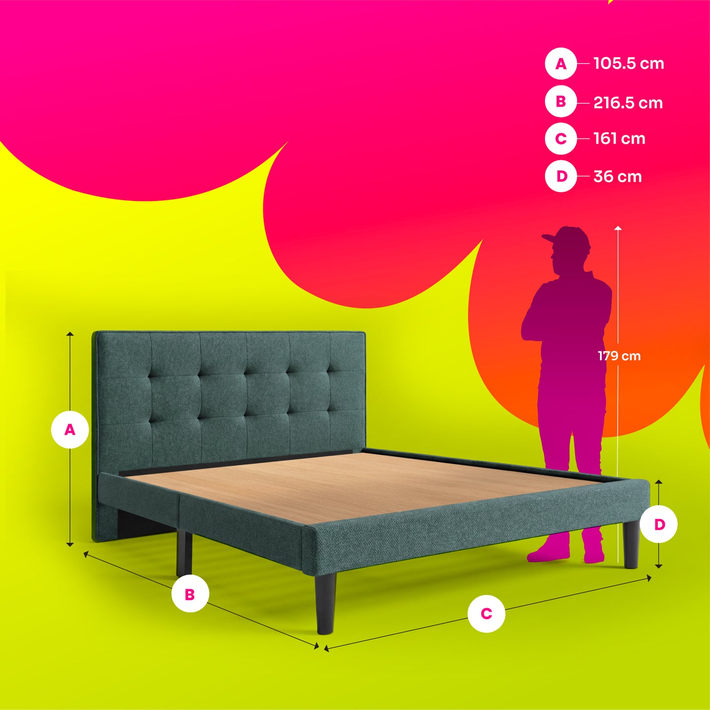 Boba Bed NS - Upholstered Bed Without Storage, Queen Size (Mirage Blue)