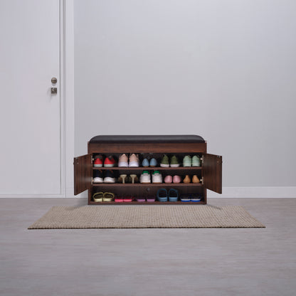 Footsie|Horizontal|Shoe|Rack|with|Cushion|Seat|2|Door|15|Pair|Dark|Walnut