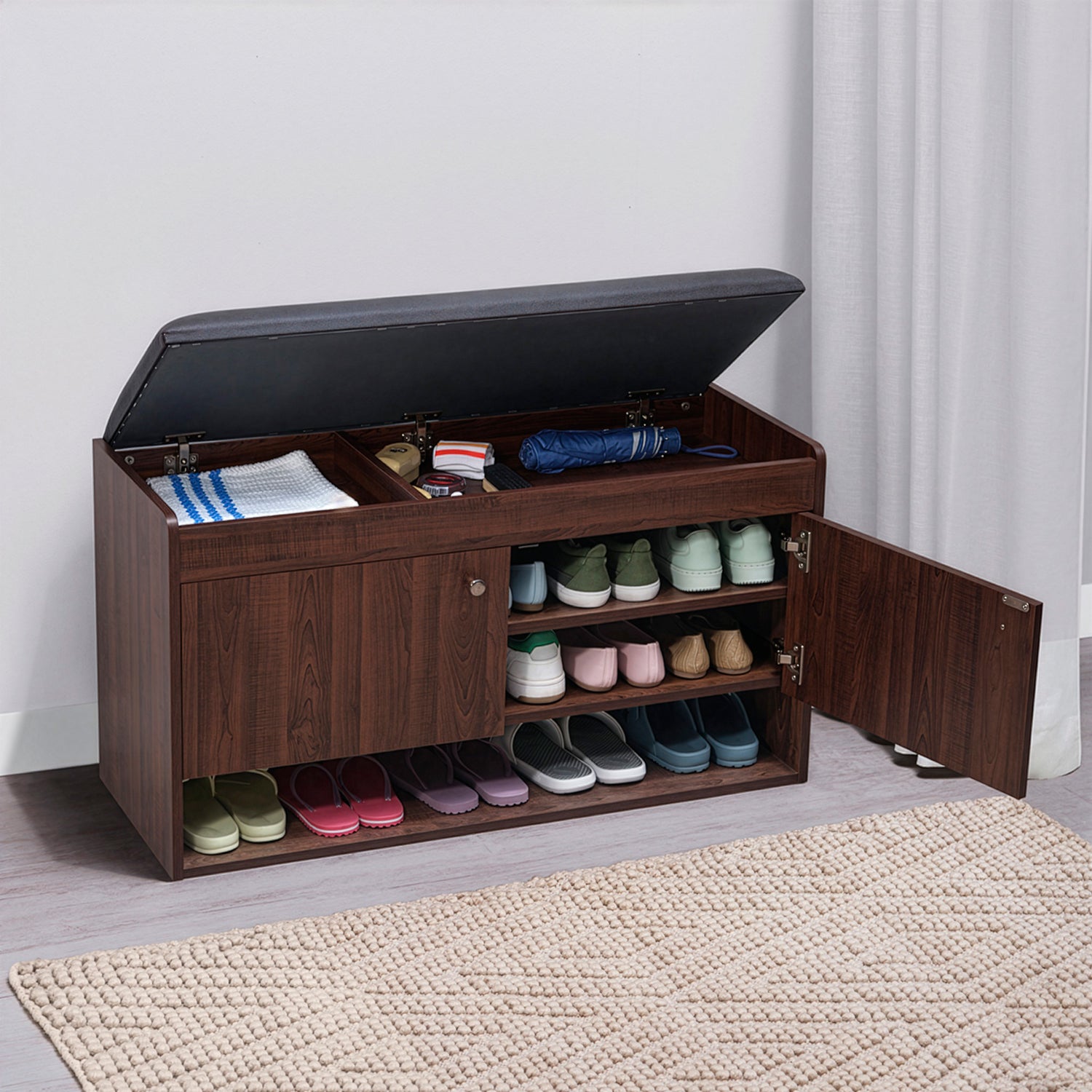 Footsie|Horizontal|Shoe|Rack|with|Cushion|Seat|2|Door|15|Pair|Dark|Walnut