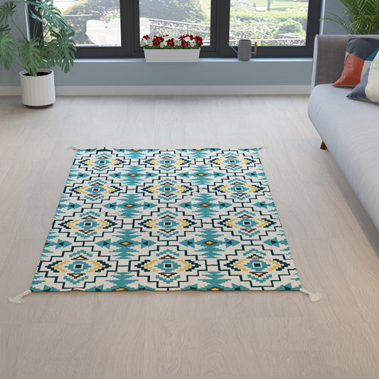 Grid|Premium|Geometric|Dhurrie|48|72|inches|4|6|ft|Blue