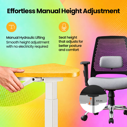 Lyft - Height Adjustable Table (White Base and Oak Top) With Spin - Office Chair (Cement Grey)