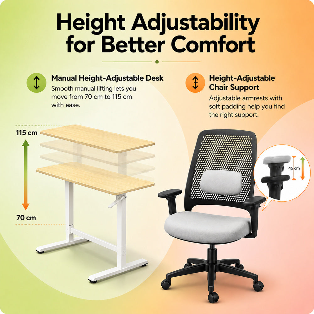Lyft - Height Adjustable Table (White Base and Oak Top) With Spin - Office Chair (Cement Grey)
