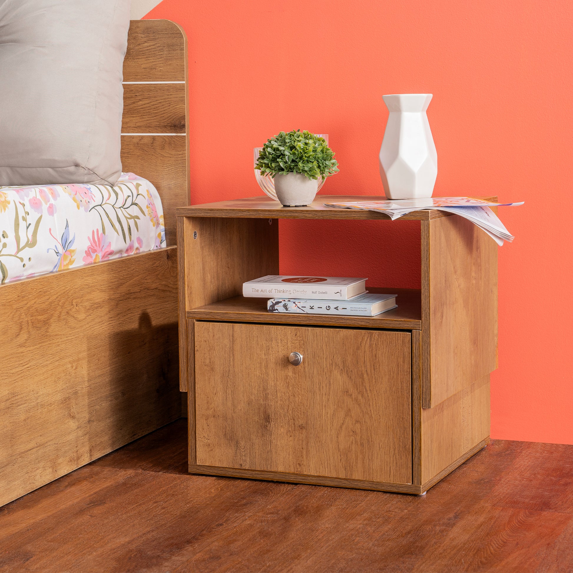 Pal|Engineered|Wood|Bedside|Table|1|Shelf|&|1|Drawer|Volga|Walnut|