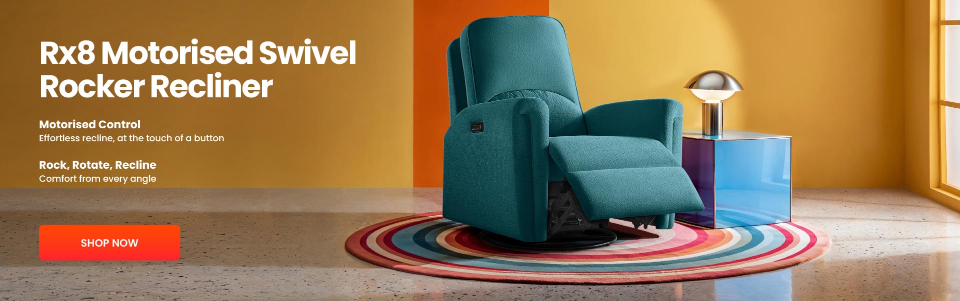 Teal motorised swivel rocker recliner chair in a room with a colorful rug and yellow wall.