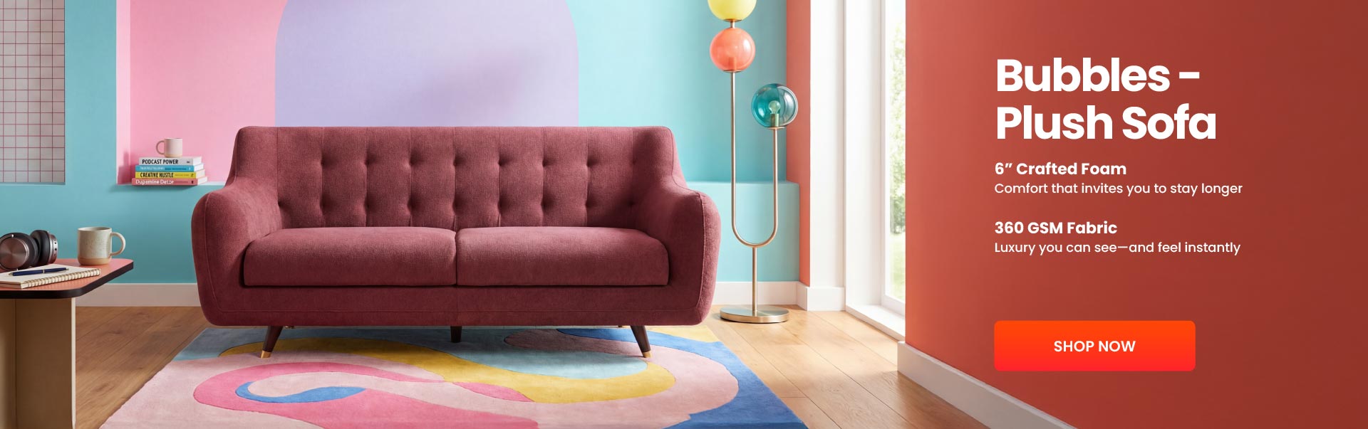 Red plush sofa in a room with colorful decor and promotional text on a red background.