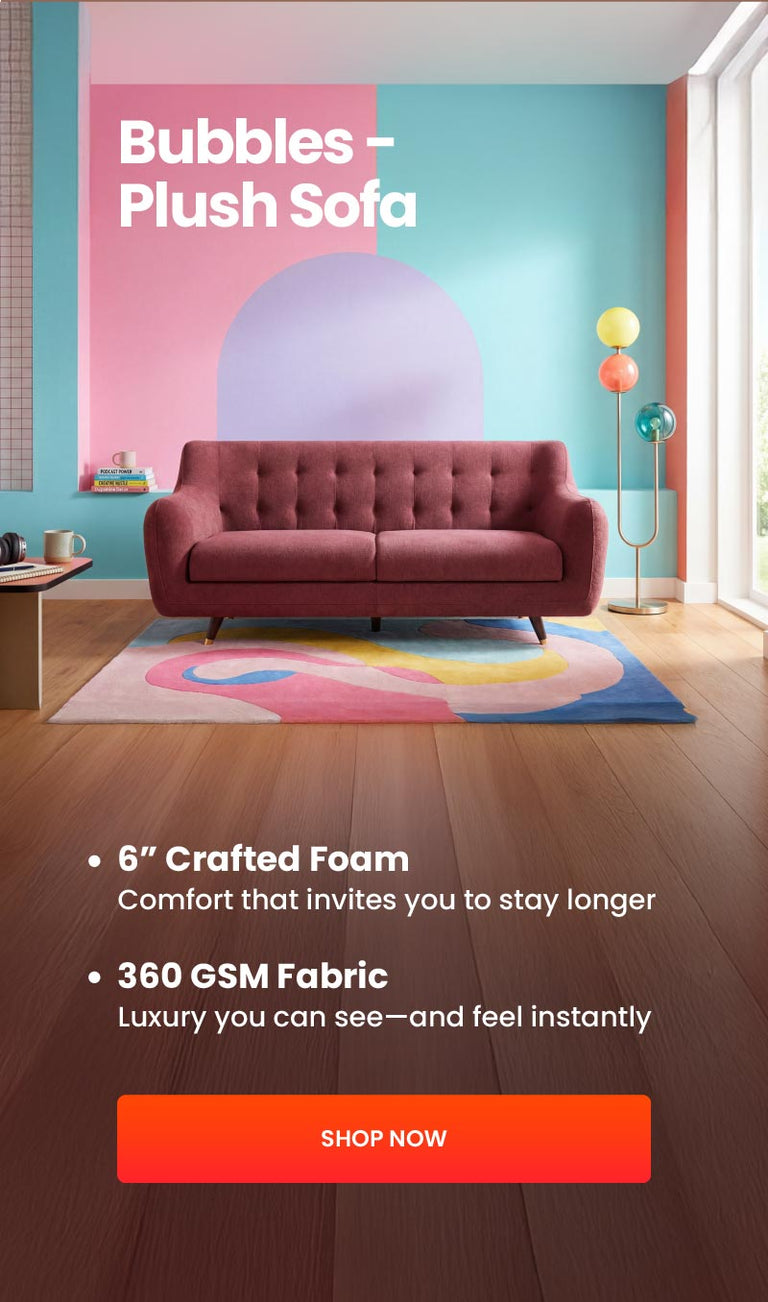 Red plush sofa in a room with colorful wall art and rug, featuring product details and a 'Shop Now' button.