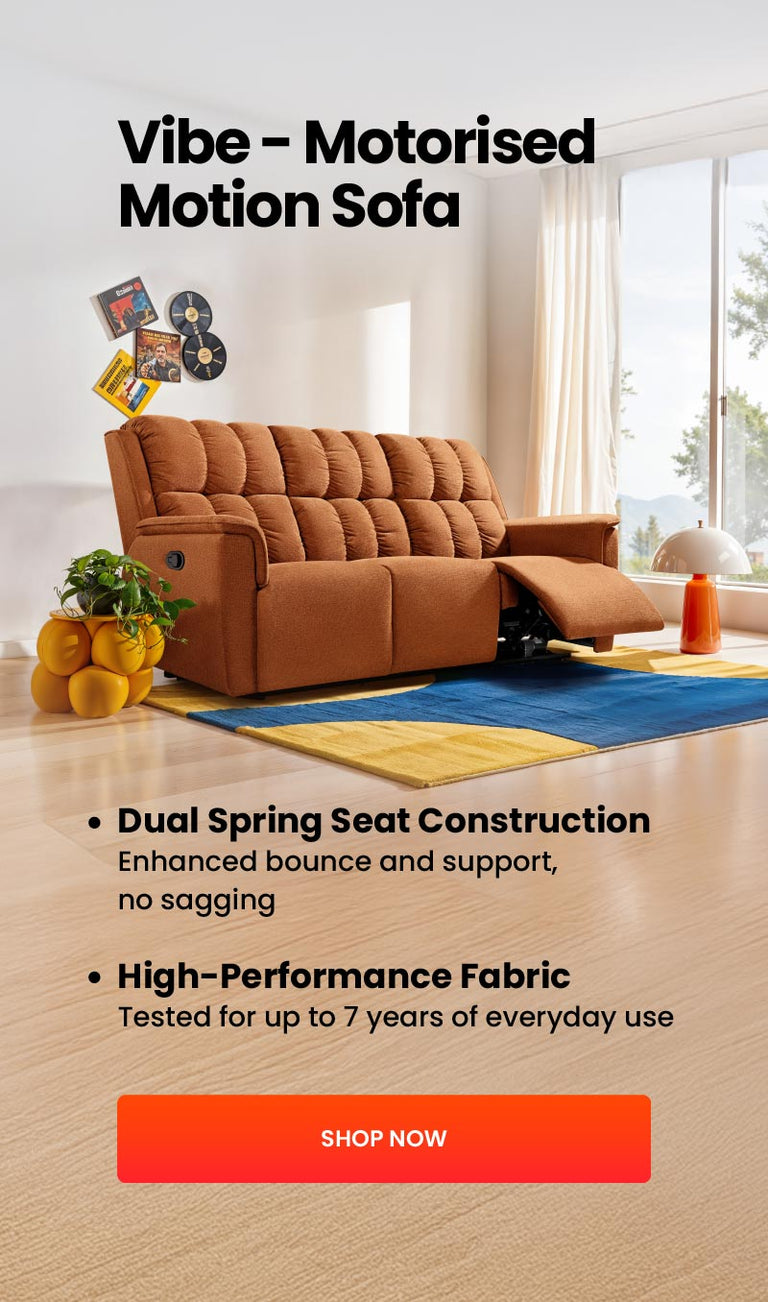 Brown motorized motion sofa in a living room with promotional text and a 'Shop Now' button.