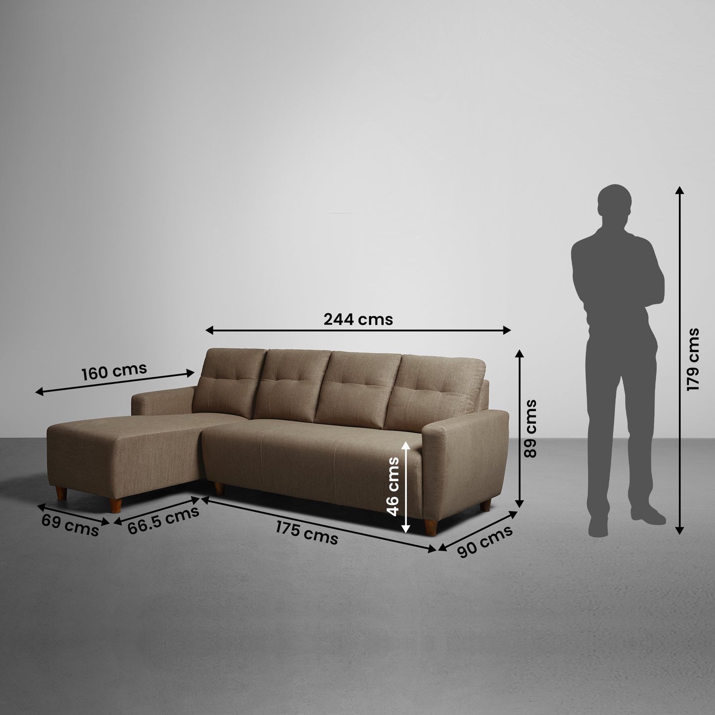 Sofa|Yolo|3|Seater|LHS|L|Shape|Sofa|Set|Fabric|Coco|Brown