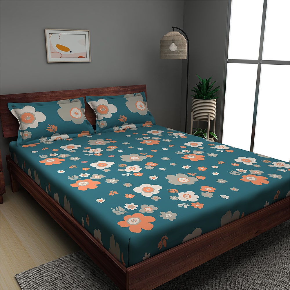 bloom-teal-color-180-tc-king-size-cotton-bedsheet-with-2-pillow-covers