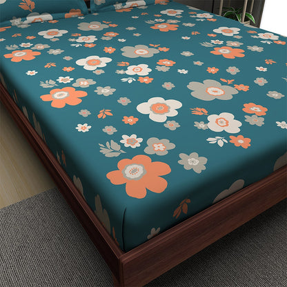 bloom-teal-color-180-tc-king-size-cotton-bedsheet-with-2-pillow-covers