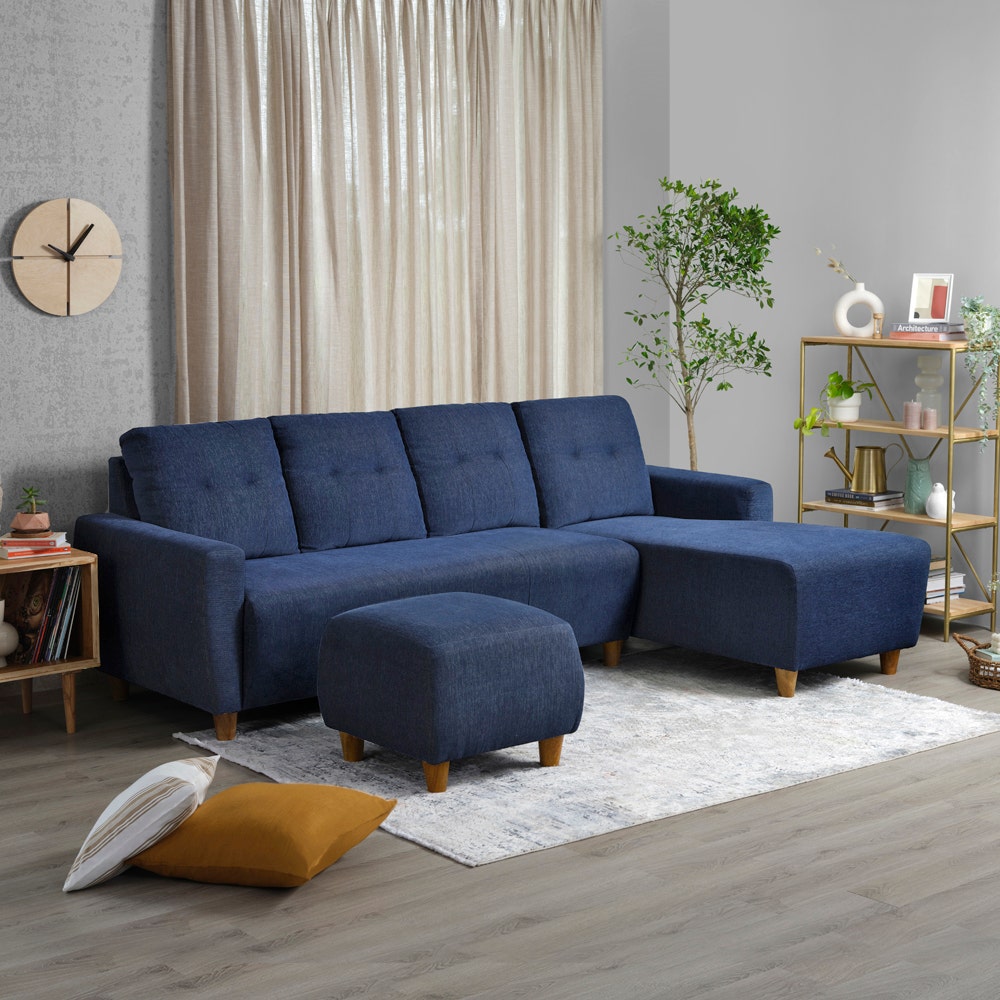 Buy Yolo 3 Seater RHS Ergonomic Design Blue Sofa Set with Ottoman